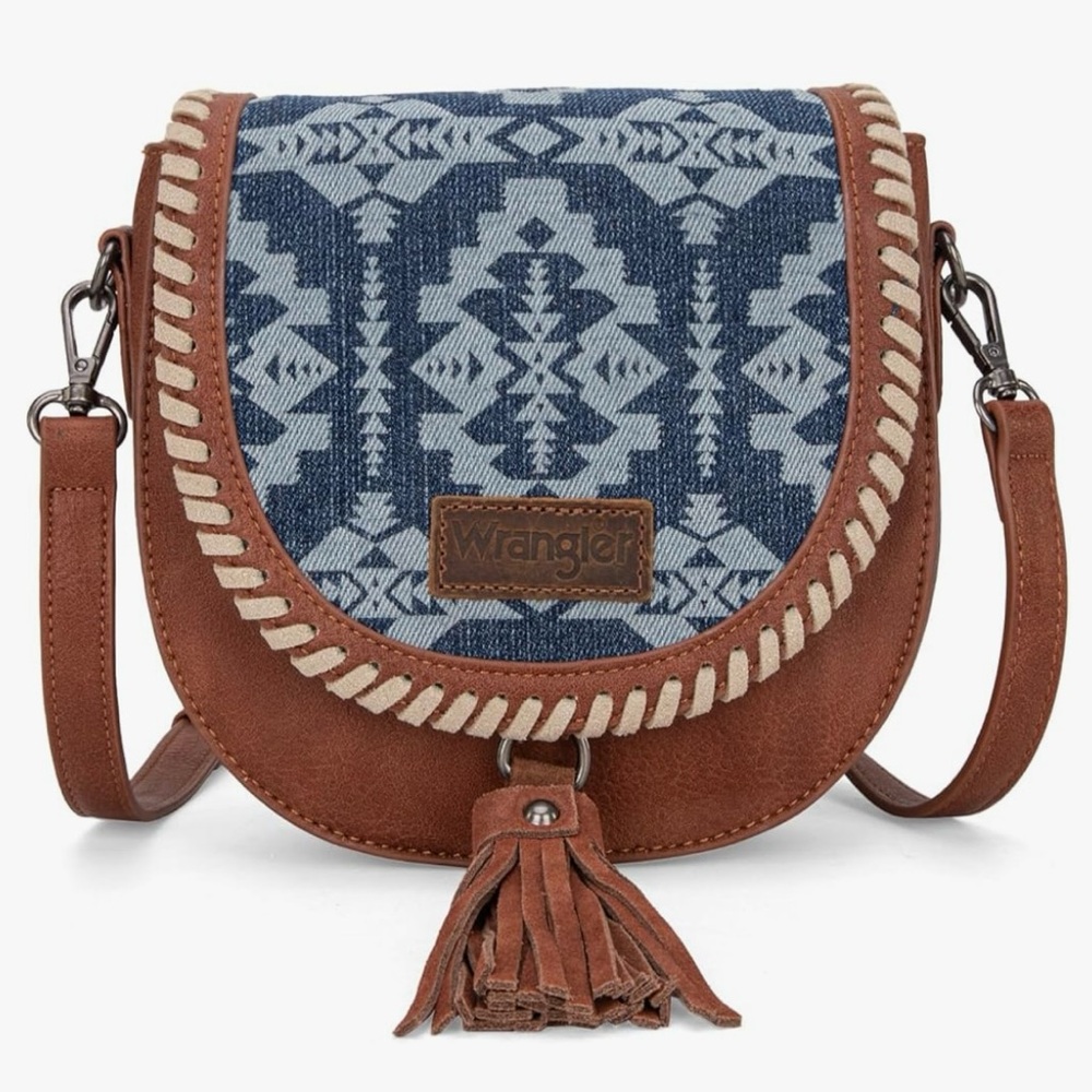 Wrangler Blue Denim Patterned Saddle Crossbody Bag